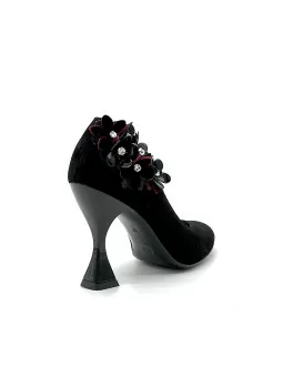 Black suede pump with black patent and Bordeaux velvet flower accessory with stu