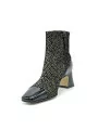 Beige and black printed suede and black patent boots. Leather lining, leather an