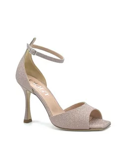 Nude glitter fabric sandal with ankle strap. Leather lining, leather sole. 9,5 c