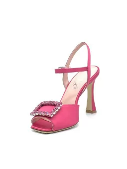 Raspberry color silk sandal with jewel buckle. Leather lining, leather sole. 9,5