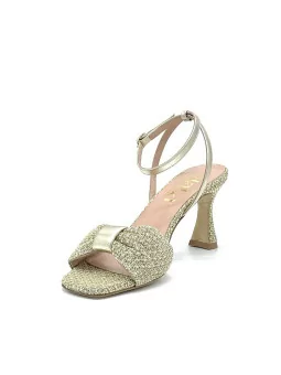 Gold laminate fabric and leather sandal with ankle strap. Leather lining, leathe