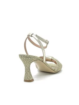 Gold laminate fabric and leather sandal with ankle strap. Leather lining, leathe