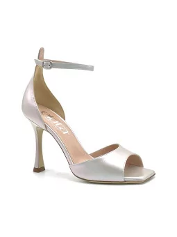 Iridescent oyster leather sandal with ankle strap. Leather lining, leather sole.