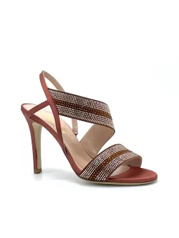 Bronze silk sandal with rhinestones. Leather lining, leather sole. 9,5 cm heel.