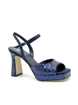 Blue paillettes fabric sandal. Leather lining, leather sole. 9,5 cm heel and 2 c
