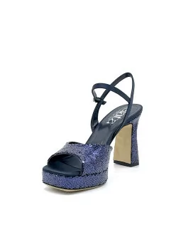 Blue paillettes fabric sandal. Leather lining, leather sole. 9,5 cm heel and 2 c