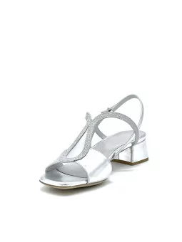 Silver glitter fabric and leather sandal. Leather lining, leather sole. 3,5 cm h