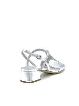 Silver glitter fabric and leather sandal. Leather lining, leather sole. 3,5 cm h