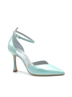 Iridescent mint colored leather d’orsay with ankle strap. Leather lining, leat