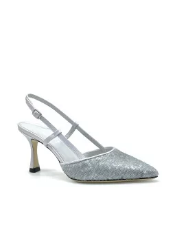 Silver laminate leather and paillettes fabric slingback. Leather lining, leather