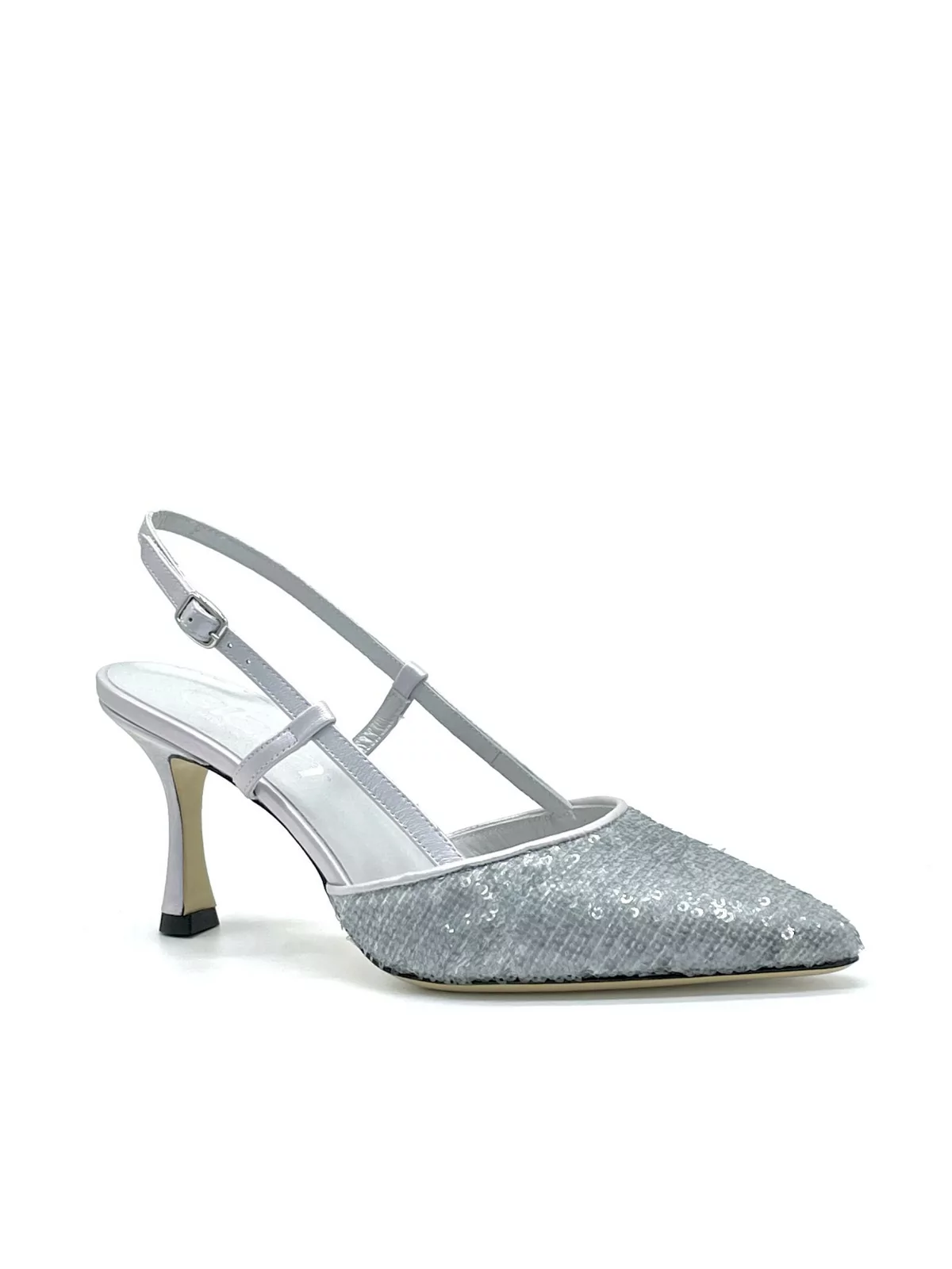 Silver laminate leather and paillettes fabric slingback. Leather lining, leather