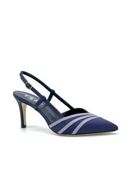 Blue silk slingback with wisteria glitter fabric insert. Leather lining, leather