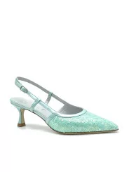 Mint colored iridescent leather and paillettes fabric slingback. Leather lining,