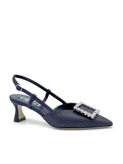 Blue raffia and silk slingback with jewel buckle. Leather lining, leather sole. 