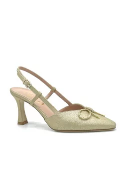 Gold laminate fabric slingback with gold metal bow accessory. Leather lining, le