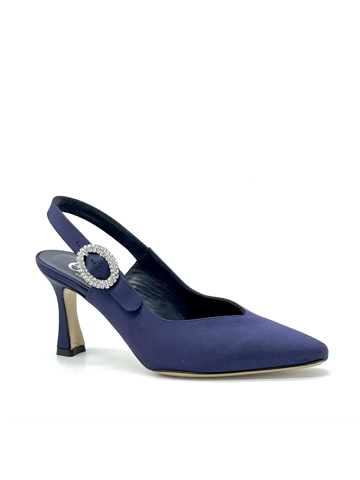 Blue silk slingback with jewel buckle. Leather lining, leather sole. 7,5 cm heel