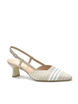Beige and white striped fabric slingback with white leather insert. Leather lini