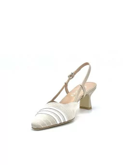 Beige and white striped fabric slingback with white leather insert. Leather lini
