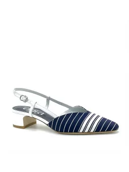 Blue and white striped fabric slingback with white leather insert. Leather linin