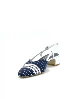 Blue and white striped fabric slingback with white leather insert. Leather linin