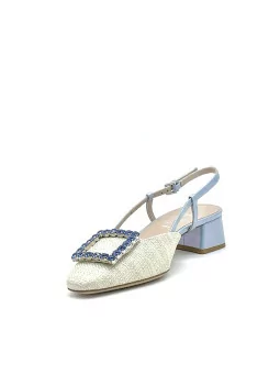 Beige raffia and light blue iridescent leather slingback with jewel buckle. Leat