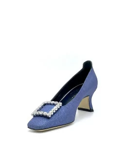 Blue laminate fabric pumps with jewel buckle. Leather lining, leather sole. 5,5 