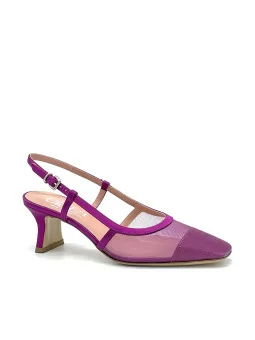 Cyclamen colored silk and mesh slingback. Leather lining, leather sole. 5,5 cm h