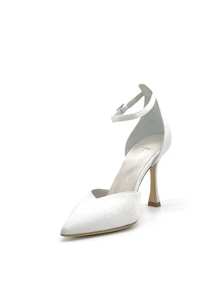 White laminate fabric d’orsay with ankle strap. Leather lining, leather sole 9