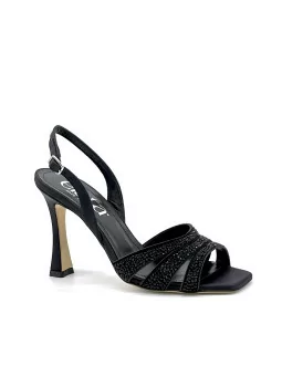 Black silk sandal with rhinestones. Leather lining, leather sole. 9,5 cm heel.