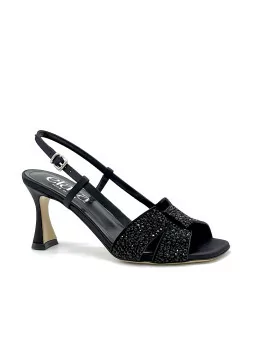 Black silk sandal with rhinestones. Leather lining, leather sole. 7,5 cm heel.