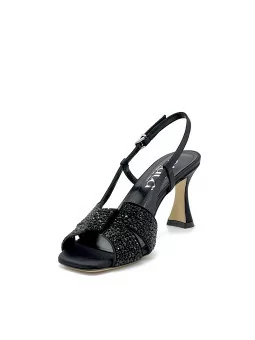 Black silk sandal with rhinestones. Leather lining, leather sole. 7,5 cm heel.