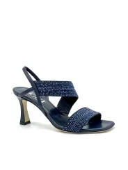 Blue leather sandal with rhinestones. Leather lining, leather sole. 7,5 cm heel.
