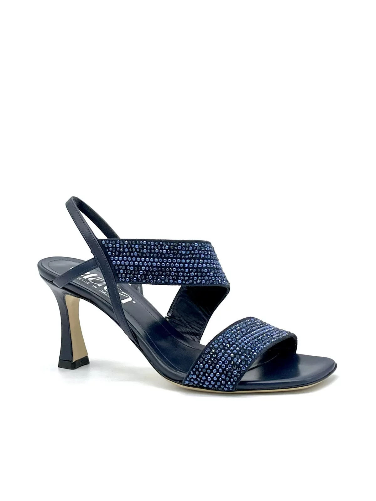 Blue leather sandal with rhinestones. Leather lining, leather sole. 7,5 cm heel.