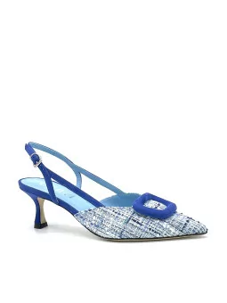 Ultramarine blue suede and tweed fabric slingback. Leather lining, leather sole.