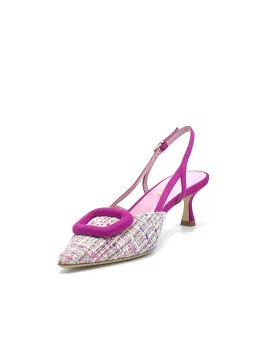 Cyclamen color suede and tweed fabric slingback. Leather lining, leather sole. 5