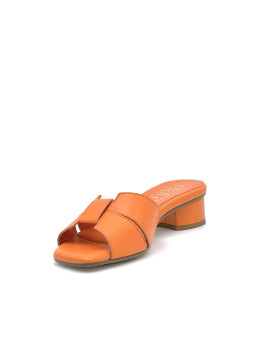Orange leather mule and soft insole. Poron insole, leather lining, leather sole.