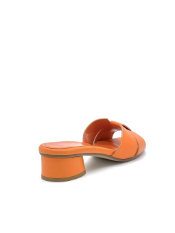 Orange leather mule and soft insole. Poron insole, leather lining, leather sole.