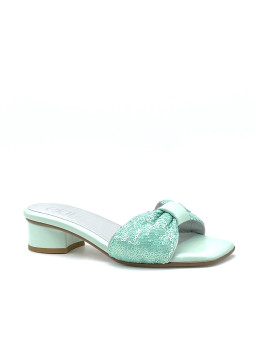 Green leather and paillettes fabric mule with soft insole. Poron insole, leather
