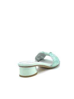 Green leather and paillettes fabric mule with soft insole. Poron insole, leather