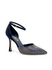 Blue suede and printed iridescent fabric d’orsay with ankle strap. Leather lin