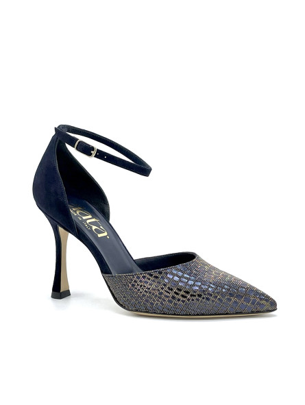 Blue suede and printed iridescent fabric d’orsay with ankle strap. Leather lin