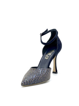 Blue suede and printed iridescent fabric d’orsay with ankle strap. Leather lin