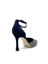 Blue suede and printed iridescent fabric d’orsay with ankle strap. Leather lin