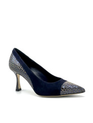 Blue suede and printed iridescent leather fabric pump. Leather lining, leather a