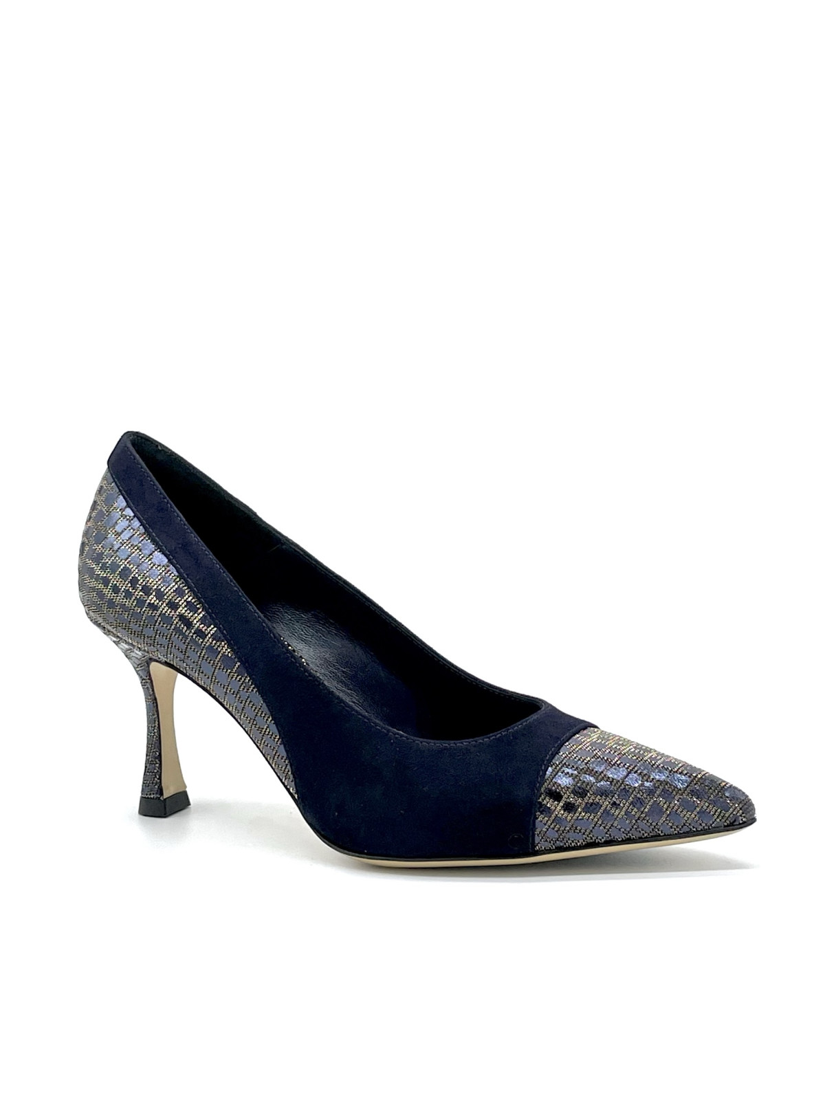 Blue suede and printed iridescent leather fabric pump. Leather lining, leather a