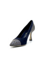 Blue suede and printed iridescent leather fabric pump. Leather lining, leather a