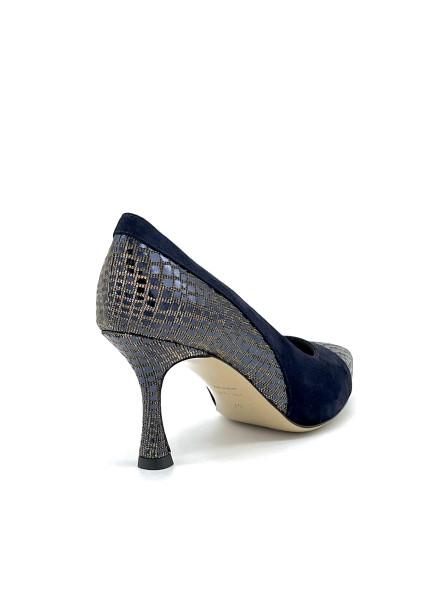 Blue suede and printed iridescent leather fabric pump. Leather lining, leather a