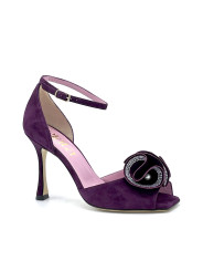 Purple suede sandal and floral accessory with rhinestones and pearl with ankle s