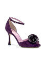 Purple suede sandal and floral accessory with rhinestones and pearl with ankle s