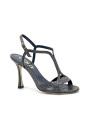 Blue iridescent printed fabric sandal. Leather lining, leather sole. 9,5 cm heel